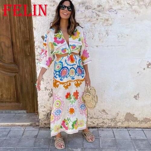 Za 2021 Boho Chic Floral Print Sexy Hollow Out Dress Long Sleeve V Neck Straight Vintage Dress Fashion Autumn Mujer Vestidos