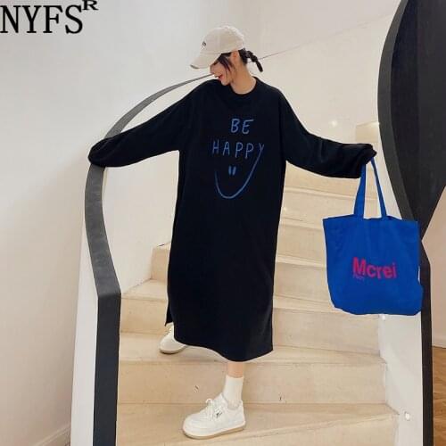 NYFS 2021 Korean New Autumn Winter Loose Hoodie Woman Dress Vestidos Robe femme Elbise Fashion Letter Print Dress