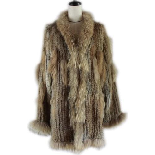 Women knitted real genuine rabbit fur coat overcoat jackets garment & raccoon collar with hood raccoon fur knitted longer jacket