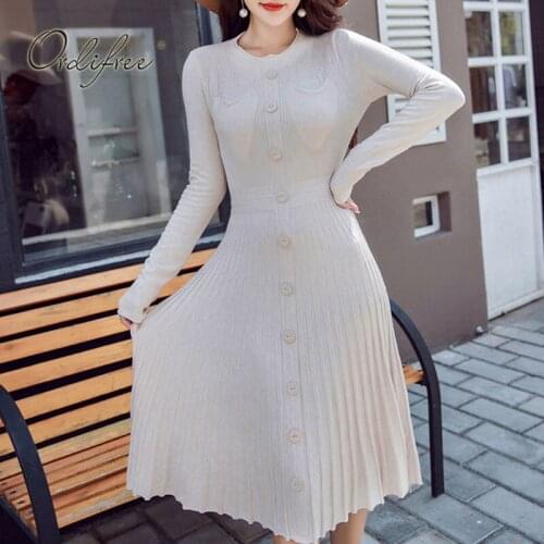Ordifree 2021 Autumn Women Knitted Dress Long Sleeve Basic Dresses Elegant Lady Sexy Sweater Pleated Dress