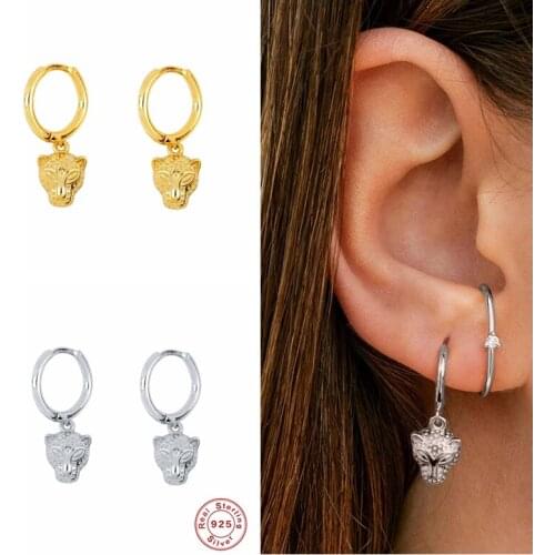 GS 925 Sterling Silver Leopard Head Gold Hoop Earrings For Women Cool Animal Charms Small Circle Huggie Earring Punk Jewelry