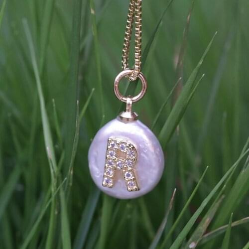 Natural Coin Freshwater Pearl White CZ Initial 26 Alphabet Letter Charm Gold Pendant Thin Chain Women Men Choker Necklace Gift