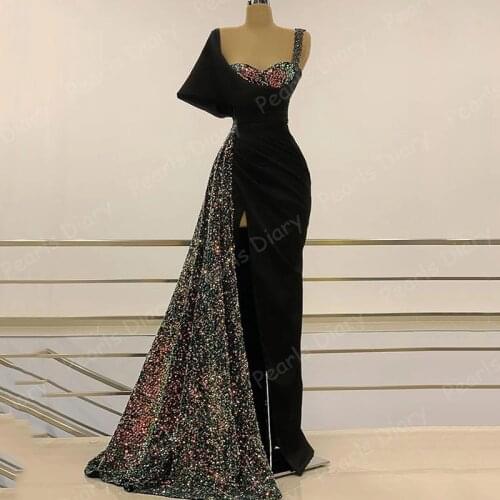 Long Black Evening Dresses 2021 High Slit Sweetheart Sparkly Sequin Dubai African Women Formal Gowns Dubai Robe De Soiree