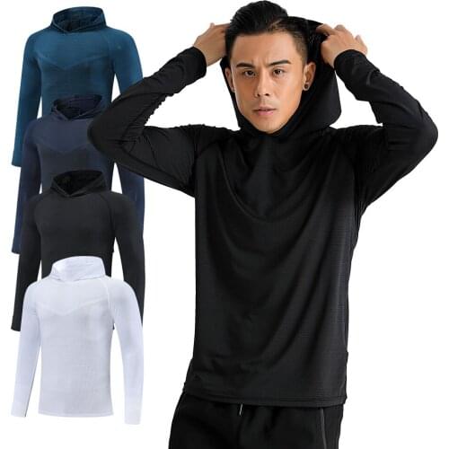 Spring Running T Shirts Quick Dry Hooded Collar Tops Fitness Jogging Mens T-Shirt Sports Long Sleeves Football Training Shirt