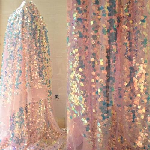 GLace 1Y/lot pink Square laser illusion fashion glitter mesh sequin fabric nigthi dress cloth accessories TX1181