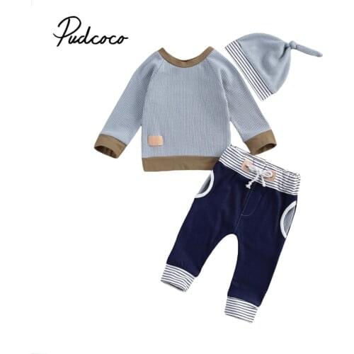 Children 3Pcs Ribbed Outfit Set Baby Boys Girls Patchwork Long Sleeve Pullover Striped High Waist Pants Pumpkin Hat for Toddlers