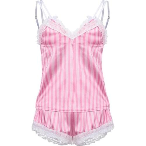 2Piece Underwear Set Womens Casual Striped Lace Pajamas Set Summer Sexy Camisole Bow Shorts Nightwear Lingerie Home Clothes Suit