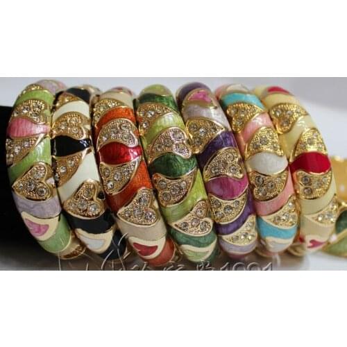 Colorful Cloisonne Enamel Rhinestone Heart Love Bangle Chinese Oval Copper Jewelry High Quality Women Bracelet Birthday Gift