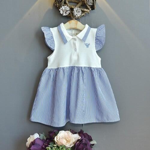 Baby Summer New Girl Polo Dress with Short Sleeve Childrens Pink Preppy Skirt Blue Stripe Flare Sleeve Cute Dresses Kids Clothe