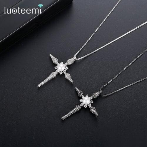 LUOTEEMI Holy Cross & Sun Flower Pendant Box Chain Necklaces for Women Party Imitation Pearl Fashion Jewelry Christmas Gift
