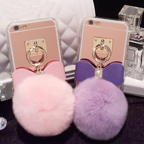 Cute Bunny Hair Fluff Pompom Keychain Fur Phone Case Back Cover With Mirror for iPhone11 12 pro max X XS MAX 5S 6 6PLUS 7 8 PLUS