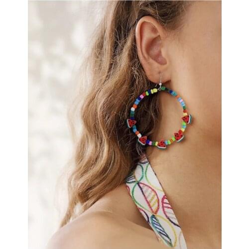 New Cute Watermelon Drop Earrings for Women Girl Handmade Resin Beads Statement Circle Fruit Earring Summer Beach Party Jewelry