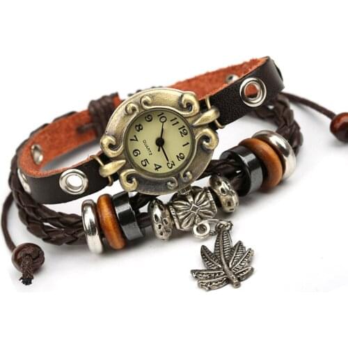 NEW Vintage Watch Women Dress Quartz Watchs Wrap Tree Leaf Pendant Genuine Leather Bracelet Wrist Watch Free Shipping