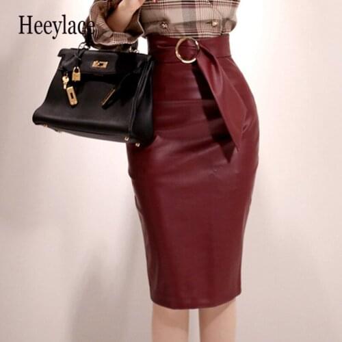 Office ladies PU Leather Skirt Women 2020 Sexy High Waist Bodycon Split pencil Skirts solid Knee Length elegant skirt with belt