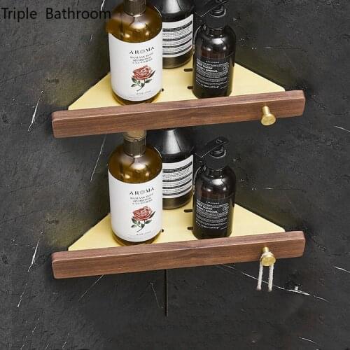 Simple Solid Wood Tripod Bathroom Accessories Wall Shelf Wall Mounted Space Aluminum Storage Corner Shelf Punch-free with Hook