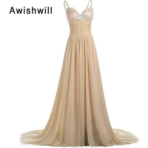 Simple Design Spaghetti Strap Chiffon Corset Back Champagne Long Dress for Party Abendkleider Evening Dresses Mother of Bride