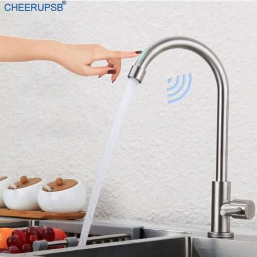 Kitchen Sink Touch Sensor Faucets Deck Mount Single Cold Sensitive Tap Stainless Steel Inductive Stream Faucet Automatic Taps
