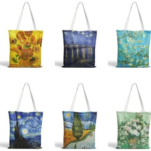 Van Gogh Starry Night Sunflower Shopping Bag Women Canvas Shoulder Bag Large Capacity Wild Messenger Bag Cute Fun Handbag