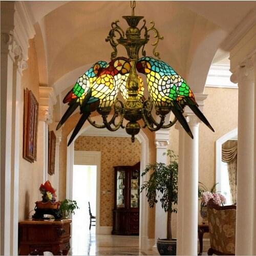 Tiffany Style Birds Chandeliers Hanging Lamp Hand-made Glass Parrot Lampshade Lights Modern Led Chandeliers for Restaurant