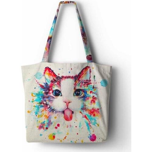Customized cute cat printing Handbag Linen polyester women shopping Tote Home Storage Bags with Casual Traveling Beach Bags