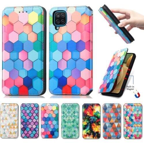 10Pcs Rainbow Lattice PU Leather Wallet Magnetic Absorb Flip Phone Cover TPU Case for Samsung Galaxy A52 A51 A71 A12 A32 S21 S20