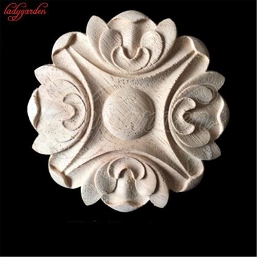 11CM Round Vintage Wood Carved Decal Corner Onlay Applique Frame Furniture Wall Unpainted for Home Cabinet Door Decor Crafts