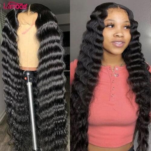 13x6 Deep Wave Frontal Wig Transparent Lace Closure Wig Curly Human Hair Wigs PrePlucked Peruvian Remy 30 Inch Lace Front Wig