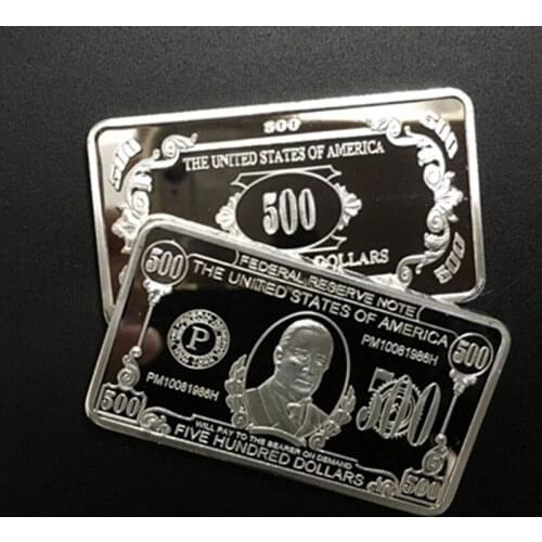 2 pcs the brand new 500 Dollars banknote badge silver plated 50 mm x 28 mm souvenri decoration coin bar
