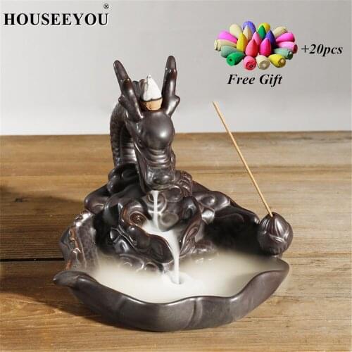 20Pcs Incense Cones + Dragon Backflow Incense Burner Meditation and Yoga Lovers Prayer Waterfall Incense Holder Censer Fountain