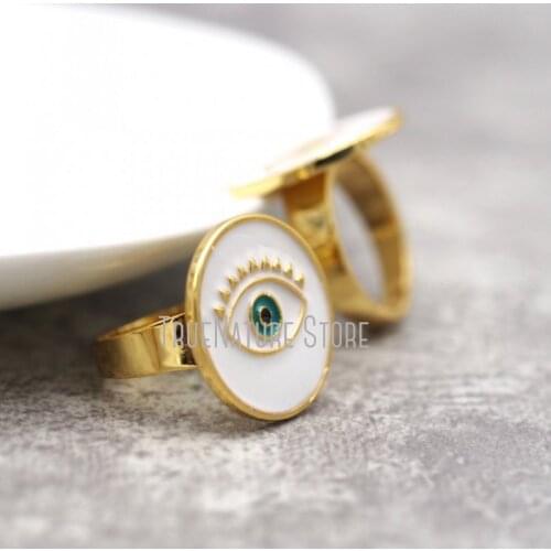 5Pcs RM28449 Adjustable Copper Jewelry Copper Jewelry Gold Plated Rings White Enamel Round Shape Gold Plated Ring