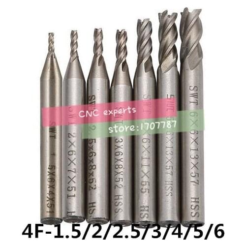 7Pcs End Mill HSS 4 Flutes 1.5mm-6mm Diameter Milling Cutter Straight Shank Router Bit Set CNC Tools
