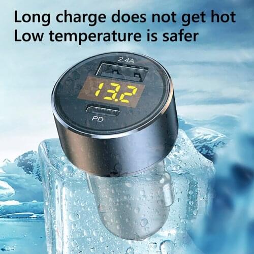 Car Charger 2.4A USB-C PD 18W Adapter Cigarette Lighter LED Voltmeter For Auto Phone Charger Seat Smart Dual USB Charging