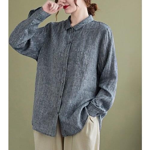 Vintage Style Women Cotton Linen Grey Shirts 2021 Autumn Turn-down Collar Loose Ladies Long Sleeve Elegant Blouse Bottoming Tops