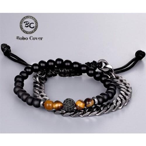 Mens 1 Set 2PCS Natural Stone CZ Ball Beaded Charm Bracelet Men Stainless Steel Link Chain Women Bracelets Dropshipping male