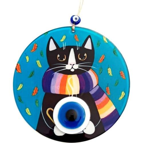 Black Cat Pattern, Fusion Glass, Evil Eye Beaded Wall Ornament, Handmade Souvenir