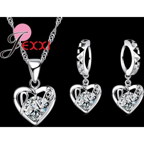 Classic Luxury 925 Sterling Silver Shinning CZ Love Letter Heart Shape Necklace Earring Set Wedding Jewelry sets