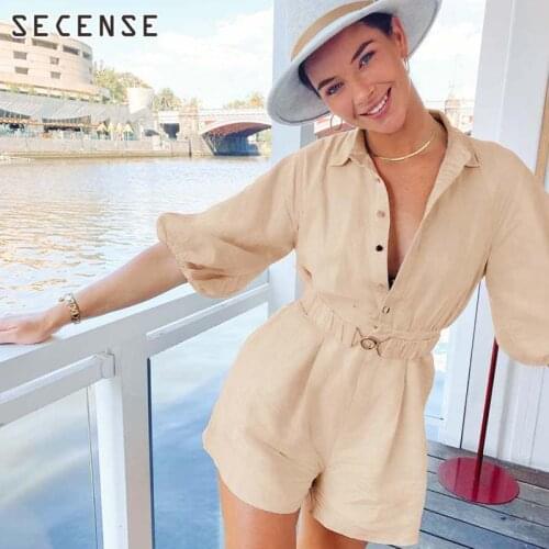 Cotton & Linen Overalls Women Turn Down Collar Short Sleeve Single Breasted Elastic Wide Leg Shorts Office Lady Fashion Clothes