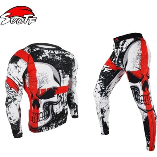 SUOTF Boxing Set Compression Jersey+Pants Skull S Kick Boxing Tight Long T-Shirts Trousers Muay Thai MMA Fightwear
