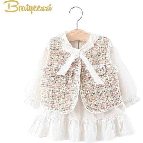 2021 Spring Baby Girl Clothes Set Bow Princess Baby Girl Dress Vest 2PCS Kids Outfits Toddler Clothing Infant Clothes