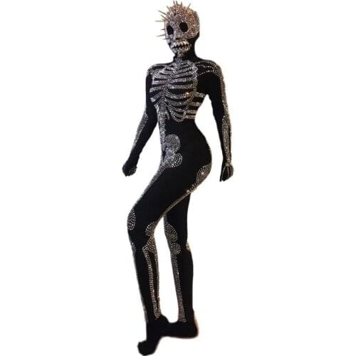 Halloween Costume Party Cosplay Skull Pattern Silver Rhinestones Jumpsuit Nightclub stage dance wear