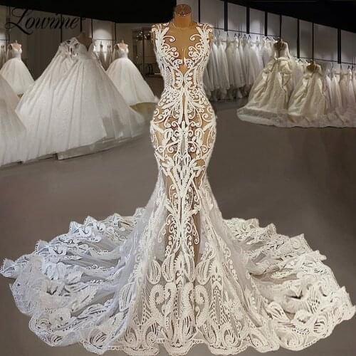 Lace Mermaid Wedding Dresses Long Train 2021 Couture V Neck Illusion Bridal Gowns Plus Size Robes Bride Dresses Vestido De Noiva