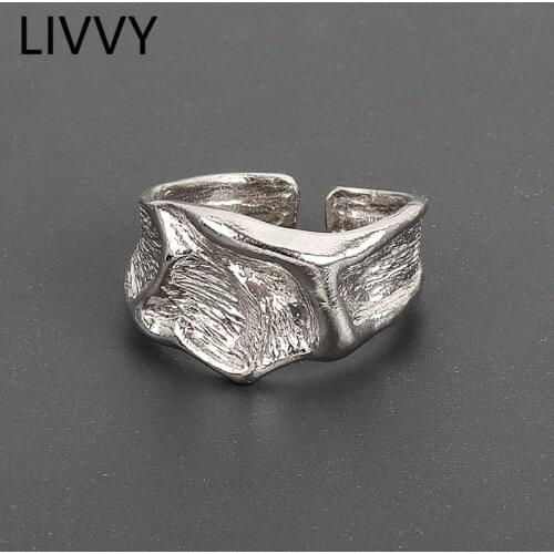 LIVVY Silver Color Geometric Irregular Rings for Women Wedding Adjustable Antique Statement Rings 2021 Trend