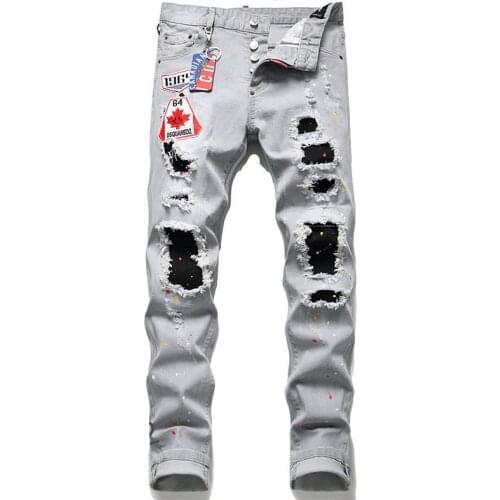 2021 New Gray Brand Paint Ripped Holes Wild Personality New Jeans Mens Bottom Denim Pants Pocket Zipper Labeling Casual Street