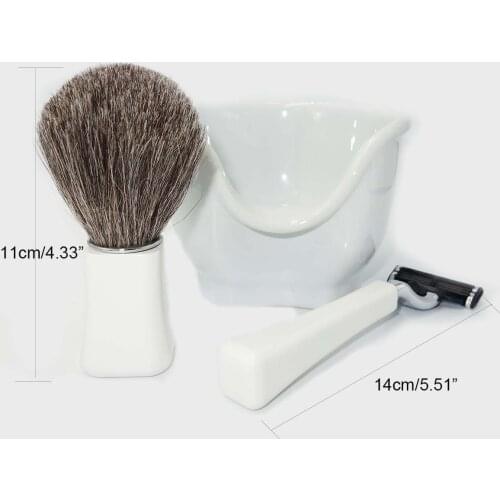 WLONG Men Beard Shaving Brush Set with Natural Honey Pure Badger Hair and White Cermaic Barber Soap Bowl for Grooming Kit