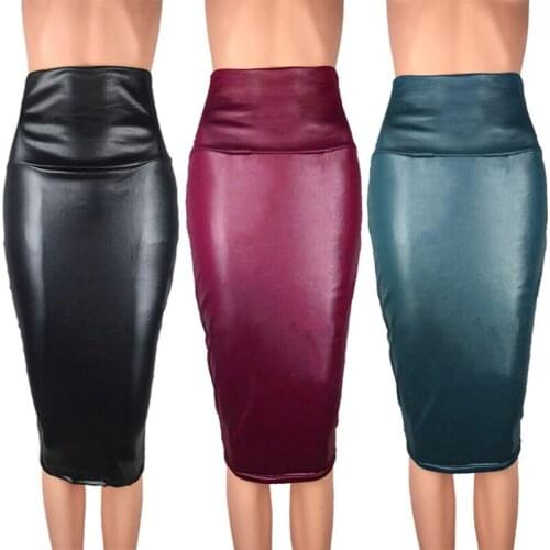 2020 New Women Leather Skirt Mini Bodycon Skirt Office Women Slim Knee Length High Waist Stretch Sexy Pencil Skirts Jupe Femme