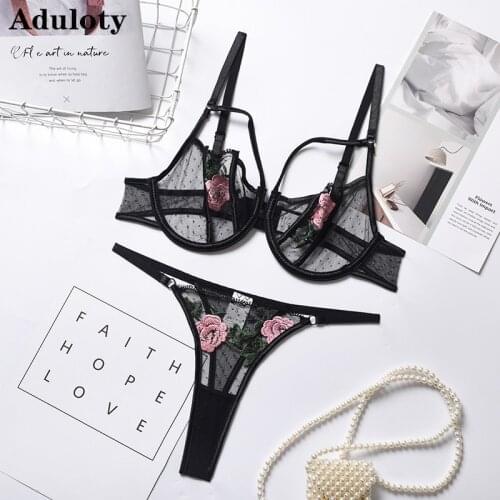New Floral Embroidered Mesh Transparent Perspective Adjustable Women Sexy Lace Underwire Lingerie Hot Erotic Bra Thong Suit
