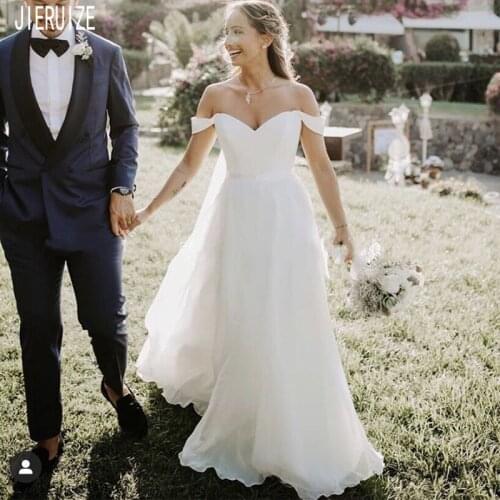 JIERUIZE Simple Off Shoulder Boho Wedding Dresses A-line Tulle Backless Bridal Dresses Garden Wedding Gowns Vestido De Noiva