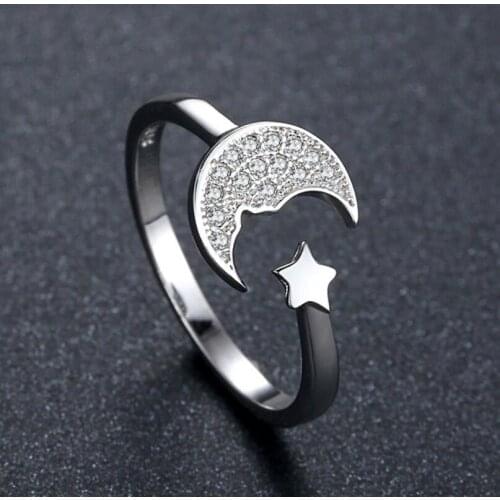 Luxury Crystal Moon Star Adjustable Ring for Women Girls Romantic Jewelry Valentines Engagement Gift Bague