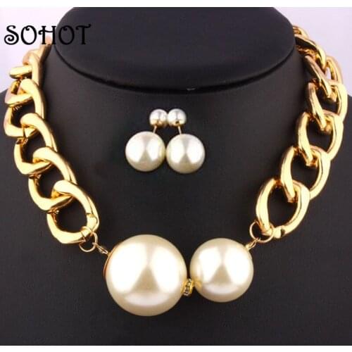 SOHOT New Wide Gold Color Alloy Trendy Women Jewelry Set Necklace Simulated-pearl Earrings Charming Party Lady Engagement Gifts