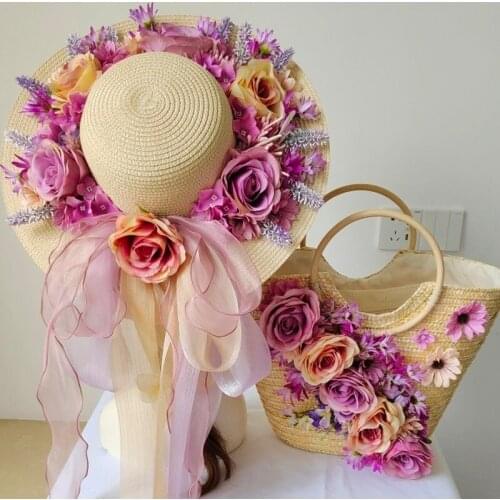Women Summer Straw Beach Bag Purple Artificial Flowers Handmade High-end Customized Rattan Fashin Lady Holiday Tote Hat Suit